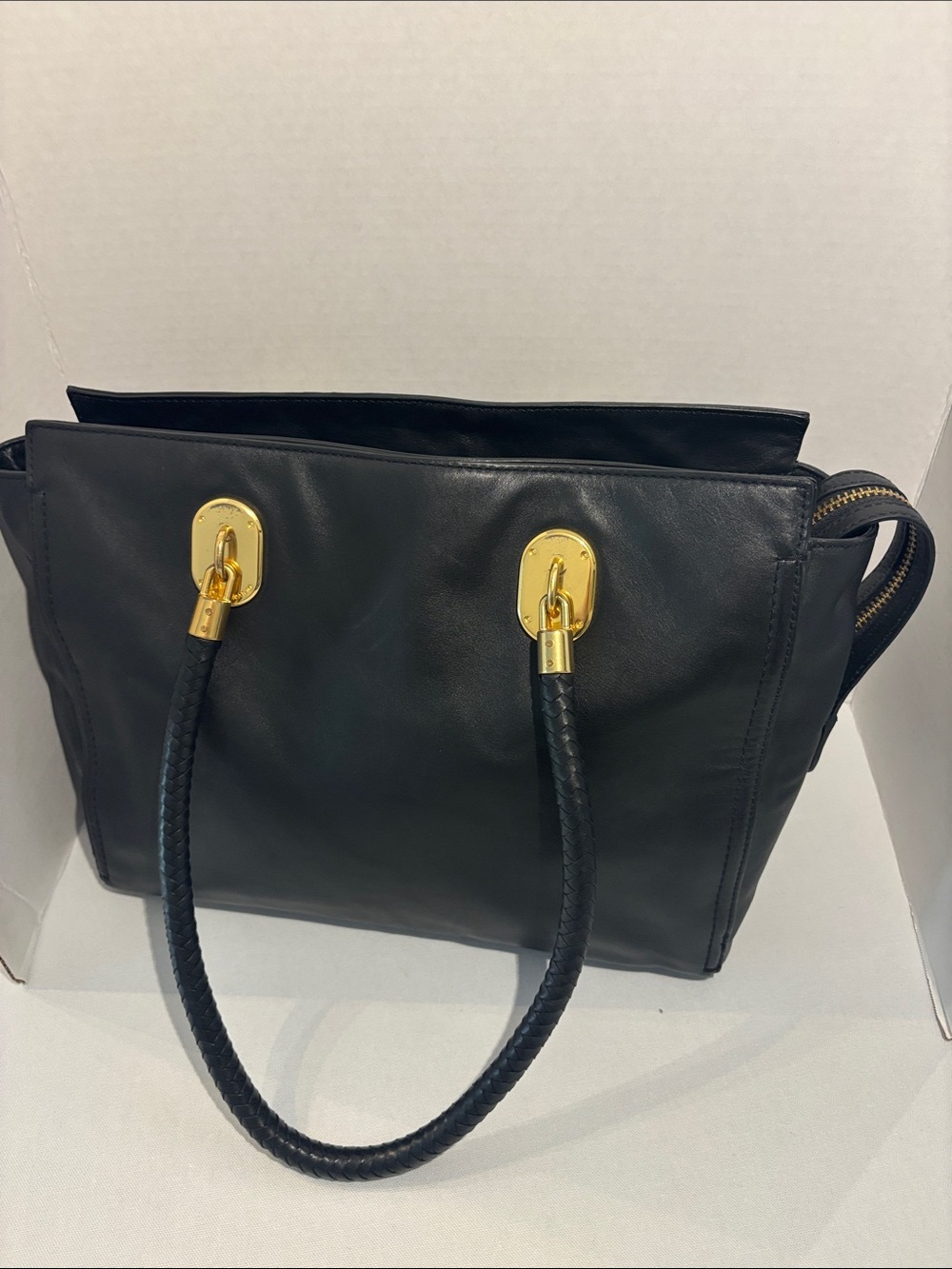Cole Haan Classic Black Leather Work Tote with Gold Hardware and Braided Handles - Picture 3 of 12